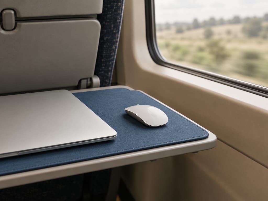 Blue desk mat folded in half on a train tray table with a mouse