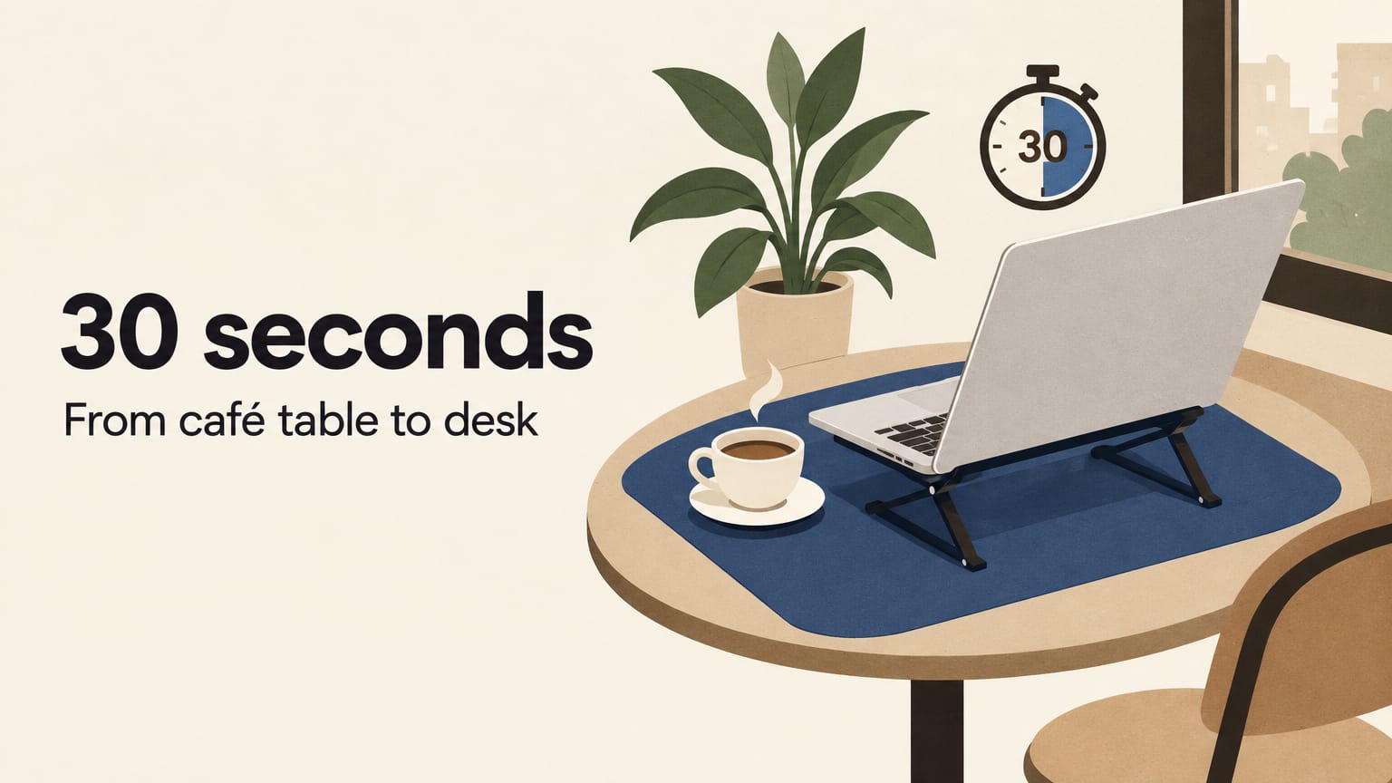 Illustration of a laptop on a folding stand at a café table, with the headline 30 seconds, from café table to desk