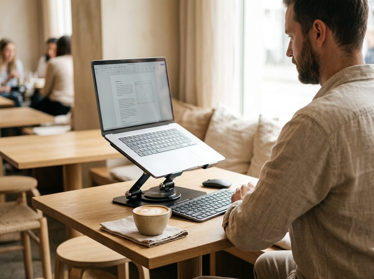 Laptop raised on the fold-flat stand at a café table