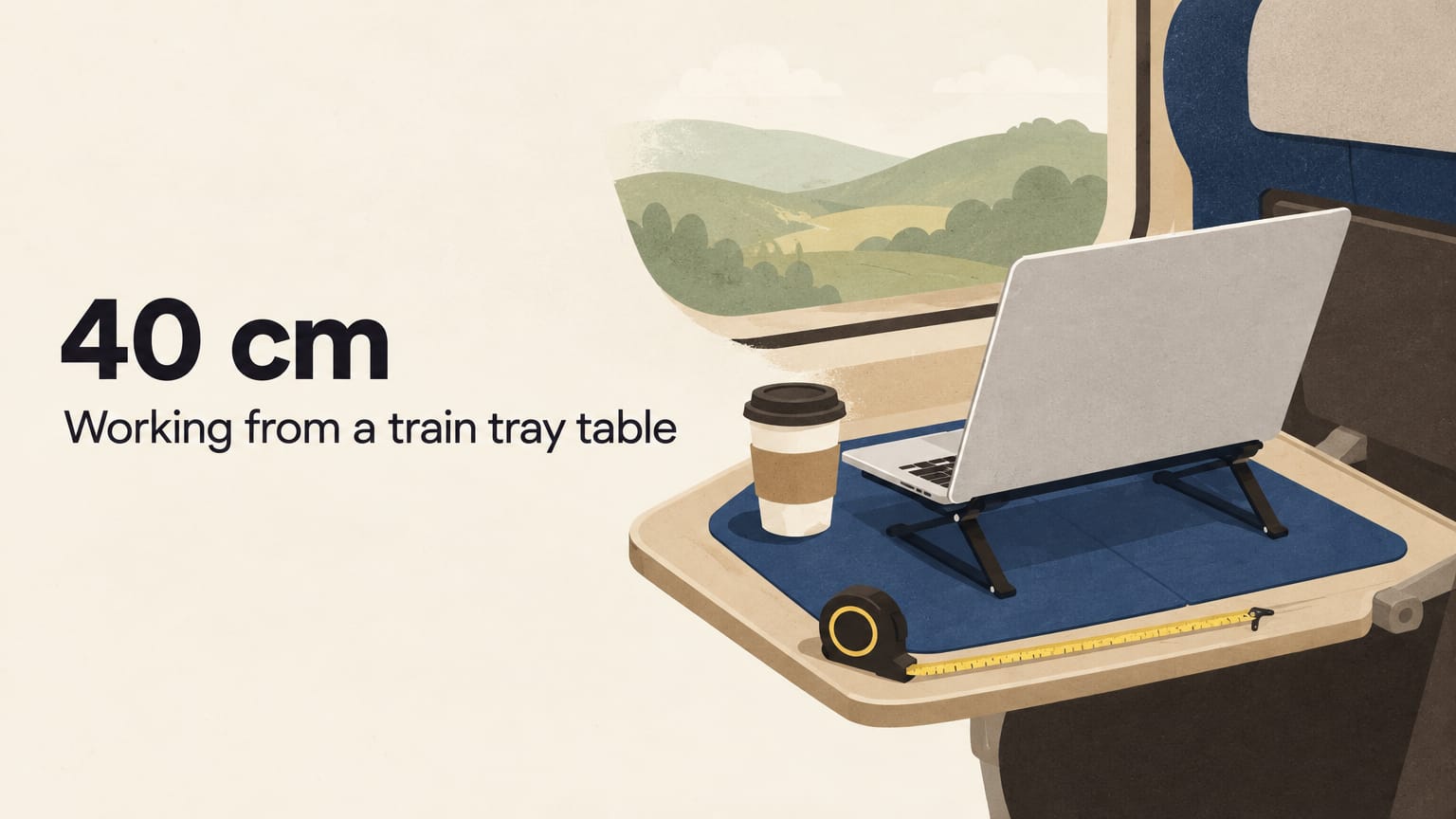 Illustration of a laptop on a folding stand on a train tray table by the window, with the headline 40 cm