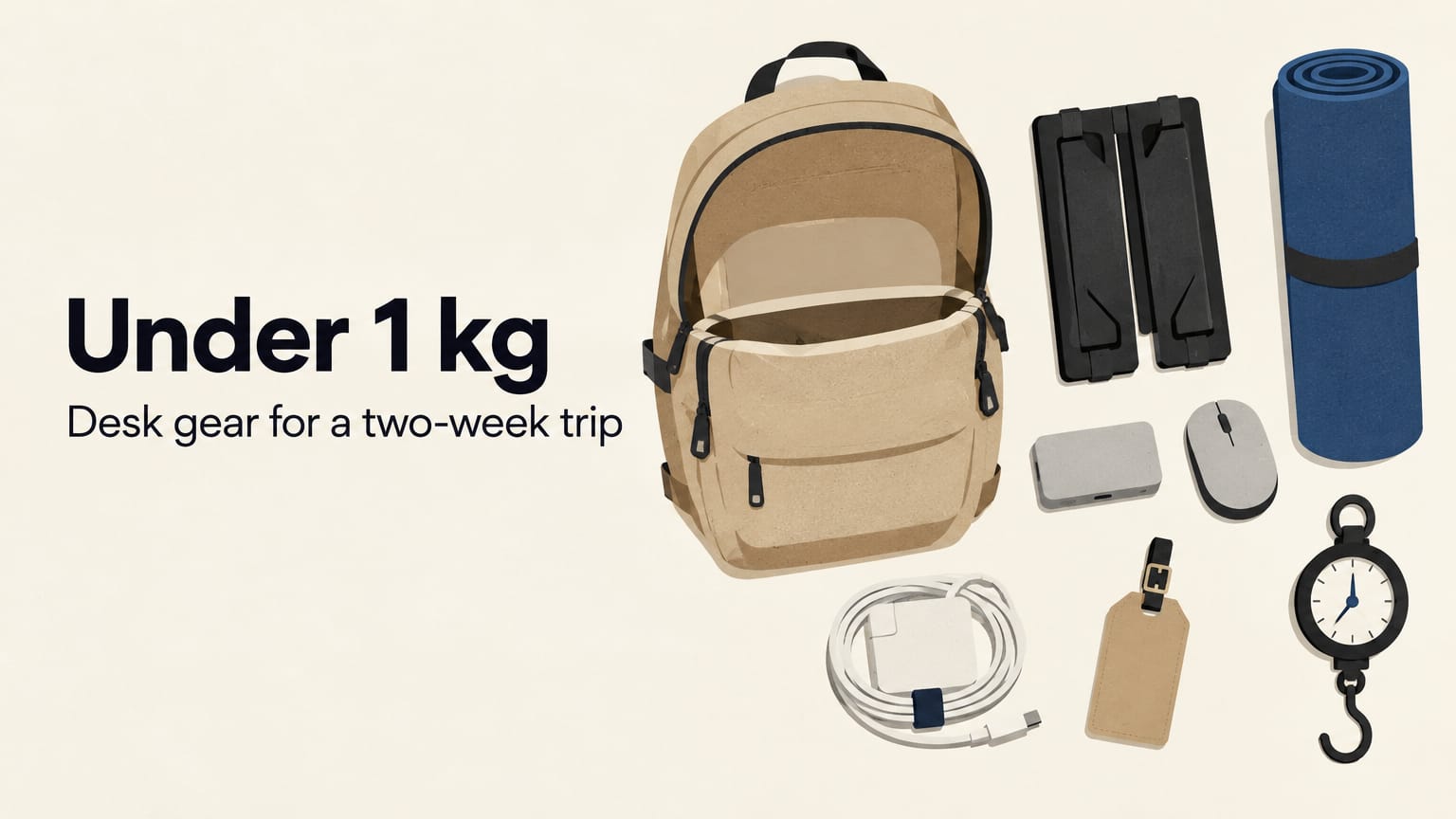 Illustration of a backpack, folded stand, rolled desk mat, hub and mouse laid out, with the headline Under 1 kg