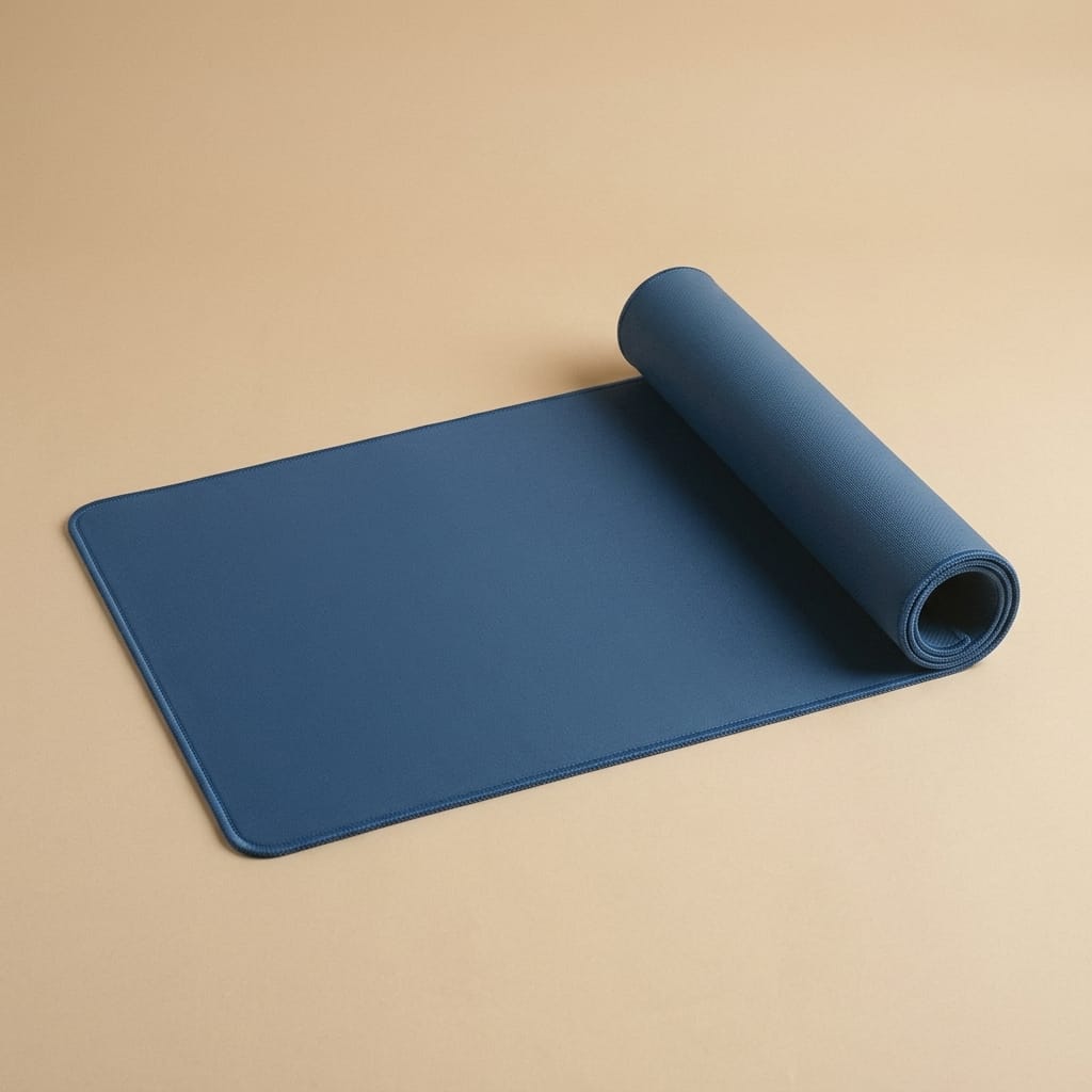 Blue solid desk mat 30x70 cm on a warm neutral backdrop