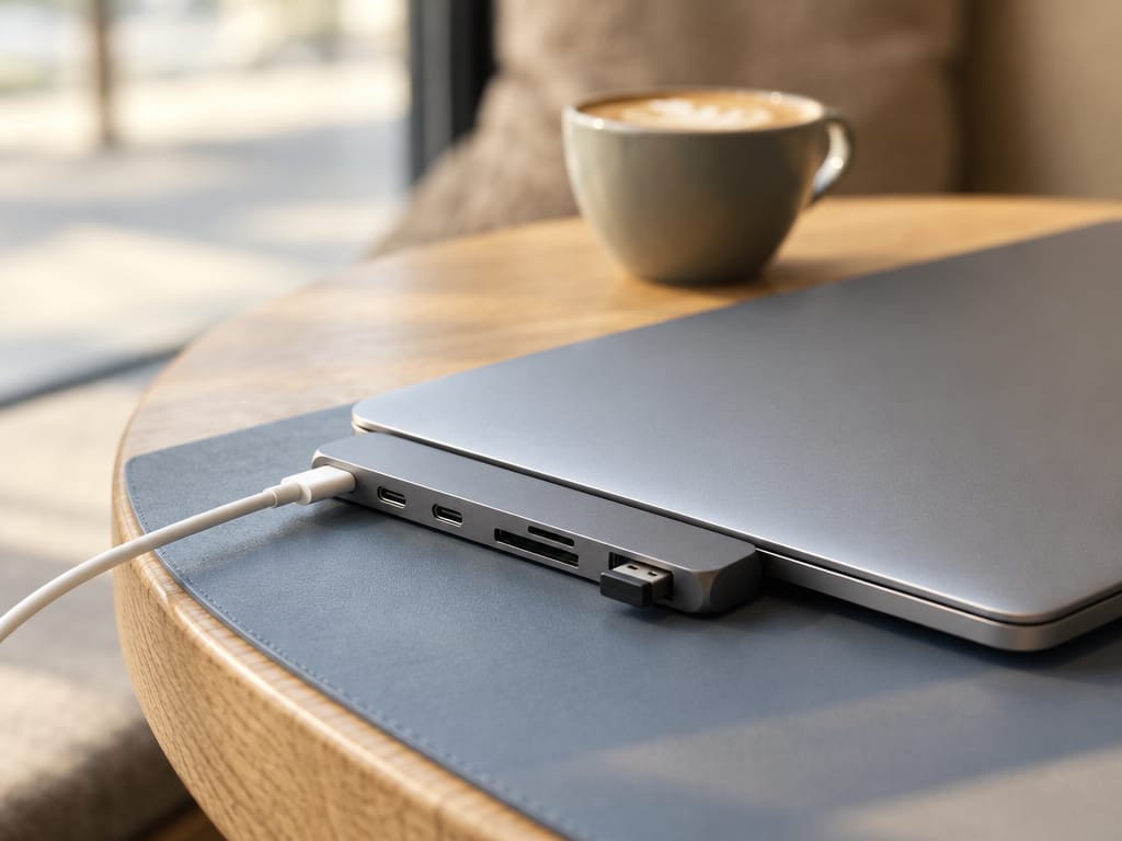 USB-C hub plugged into the side of a laptop with a charger and mouse receiver