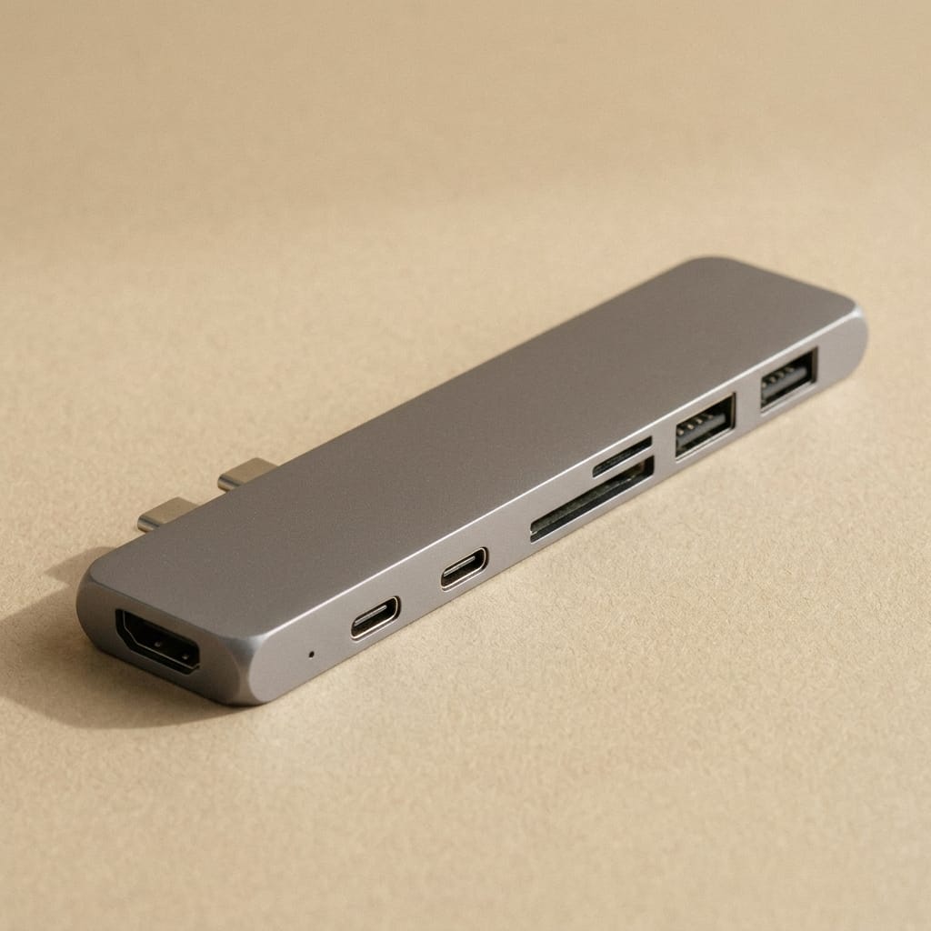 Space gray 7-in-1 USB-C hub on a warm neutral backdrop
