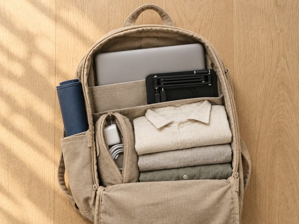 Open carry-on backpack with a laptop, folded stand, rolled desk mat and cable pouch