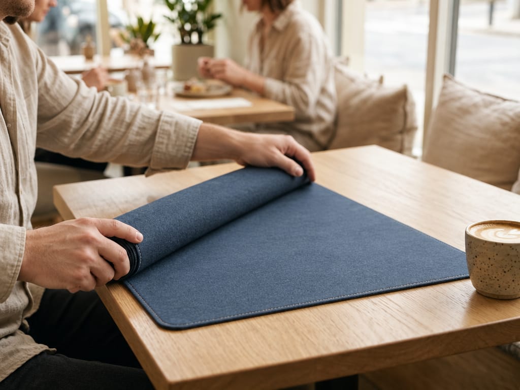 Hands unrolling a blue desk mat across a café table