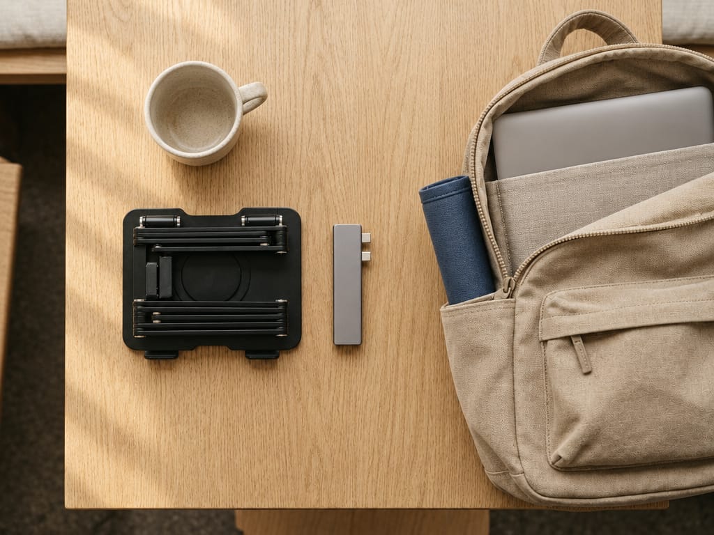 Folded stand, USB-C hub and a rolled desk mat in a backpack on a café table