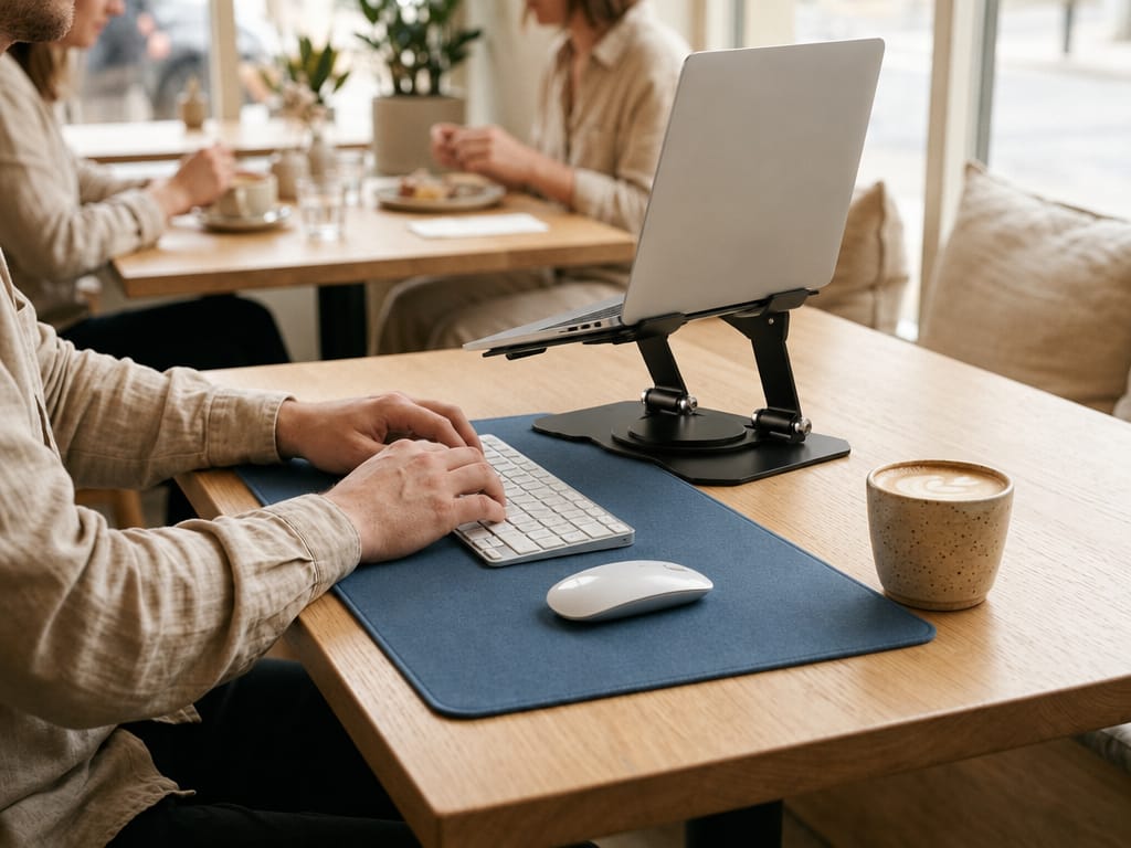 Laptop raised on a stand with a wireless keyboard and mouse on a blue desk mat