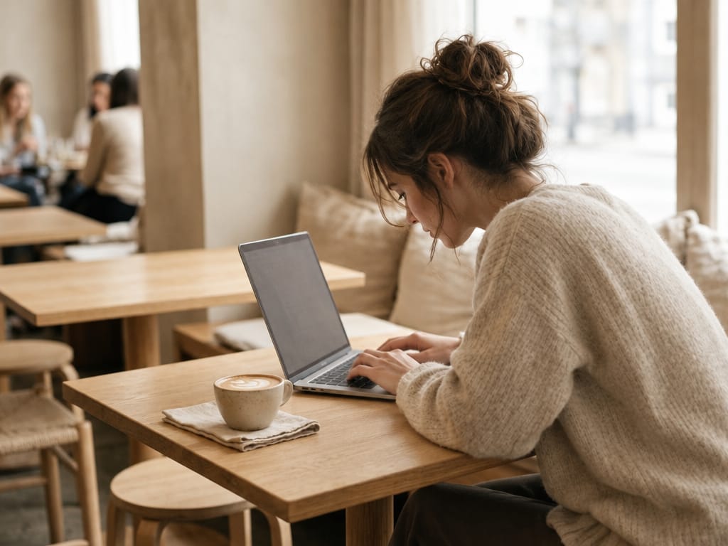 Woman hunched over a laptop lying flat on a café table