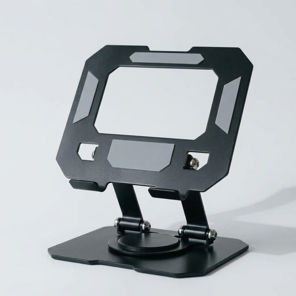Black fold-flat laptop stand in soft Nordic daylight